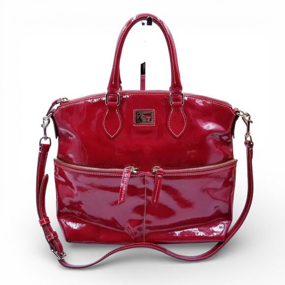 Dooney & Bourke Handbags - DOONEY & BOURKE Dillen Pocket Satchel Cherry Patent Leather Gold Crossbody Strap